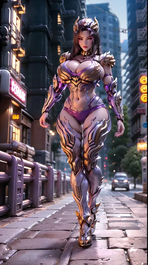 (DRAGON QUEEN HELM), (HUGE FAKE BOOBS:1.3), (BEAUTIFUL FACE), (PURPLE, WHITE, GOLD), (CYBERPUNK STREET CITY BACKGROUND), (CYBER MECHA CROP TOP), (CLEAVAGE), (SKINTIGHT YOGA PANTS), (HIGH HEELS), (PERFECT BODY:1.2), (FULL BODY VIEW), (LOOKING AT VIEWER), (W...