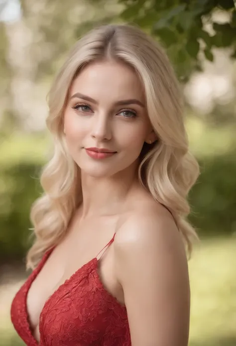 Masterpice Photorealistic Huge Tits Blond Woman, Full body Perfect Body, Perfect Face, Smiling, HD, distance frame, Dressed up, Red Dress, Selfie, selfie out doors