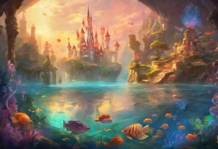 Disneyland under the sea, Pixar style, fantasy, magnificent, epic, movie lighting effects，Swimming jellyfish and deep-sea fish, glowing undersea creatures，Panorama Figures