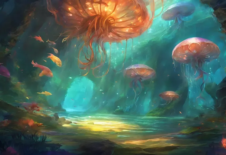 城堡 under the sea,abyssal, Pitch black atmosphere，fantasy, magnificent, epic, movie lighting effects，Swimming jellyfish and deep-sea fish, glowing undersea creatures，Panorama Figures