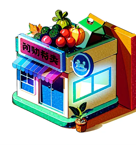 Colorful architecture，Illustration style，Colorful three-dimensional fruit，Signboard，3D architecture