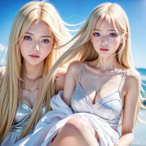 Beautiful shiny white glowing skin, Extraordinary beauty that cannot be compared, Bright and refreshing gentle expression, Perfect beautiful cute face sparkling baby blonde silk super long straight hair, Beautiful shiny bangs, A very beautiful and beautifu...