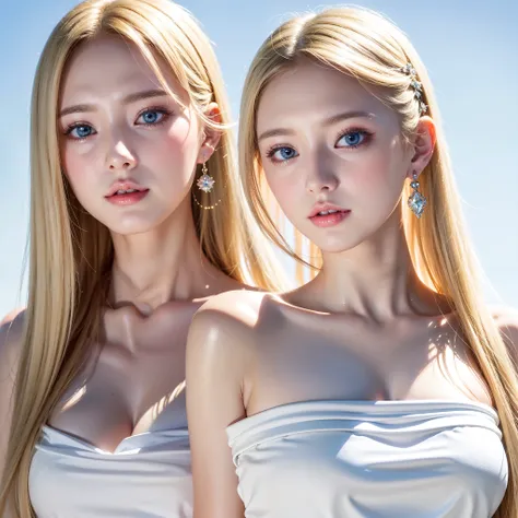 Beautiful shiny white glowing skin, Extraordinary beauty that cannot be compared, Bright and refreshing gentle expression, Perfect beautiful cute face sparkling baby blonde silk super long straight hair, Beautiful shiny bangs, A very beautiful and beautifu...