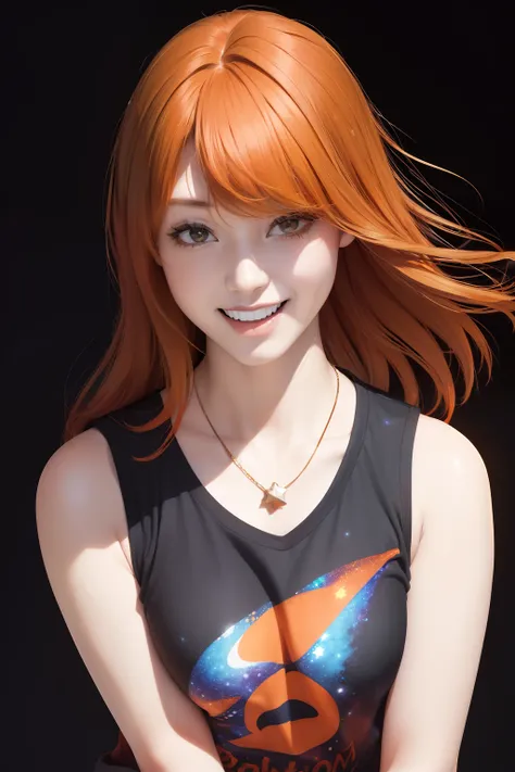 Images that fit the entire upper body、(((Black background)))、an oil painting、​masterpiece、top-quality、hight resolution、(((Orange Medium Hair)))、(((Orange semi-long hair)))、bustshot、Have cleavage、Loose and fluffy perm、Im bursting out laughing、(((rotＴThe shi...