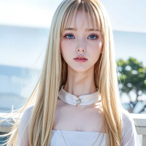 Beautiful shiny white glowing skin, 3 up, Extraordinary beauty that cannot be compared, Bright and refreshing gentle expression, Perfect beautiful cute face sparkling baby blonde silk super long straight hair, Beautiful shiny bangs, A very beautiful and be...