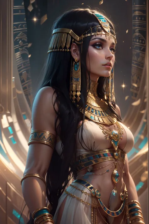 One very beautiful woman looking back at you, dressed like an Egyptian queen, cleopatra, ridiculously long hair, shiny hair, expressive hair, crystal hair, gradient eyes, artistic, conceptual art, glitter Effect, Glow, UHD, Retina, Masterpiece, Accurate, A...