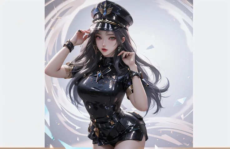 Ultra HD, 8K quality, A girl, Dark blur dress, Detailed eyes, Frontal capture, Unreal Engine 5,Wearing a military cap，Military uniform temptation