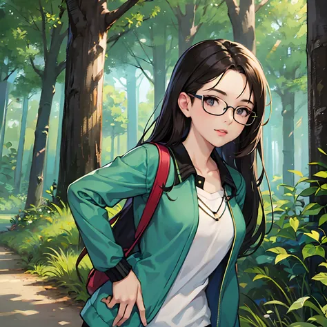 A girl wearing glasses in the forest