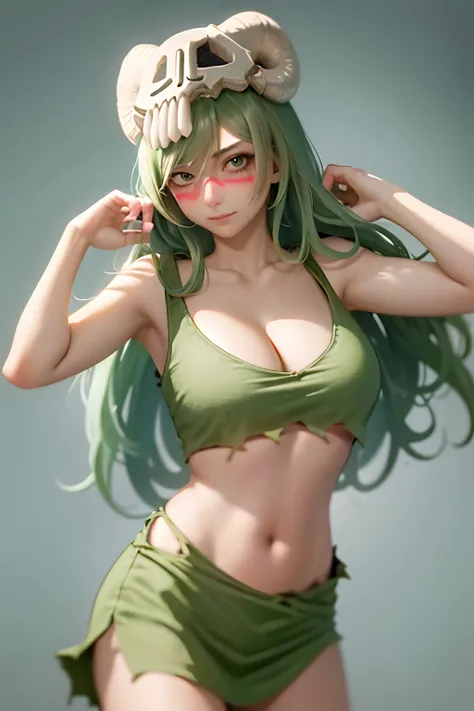 (masutepiece, Best Quality: 1.2), Cowboy Shot, Solo, 1girl in, odelschwanck, deadpan, Mouth Shut, Looking at the viewer, hand in own hair, Green hair, skull, Torn clothes, huge-breasted, cleavage, Skirt, Belly out