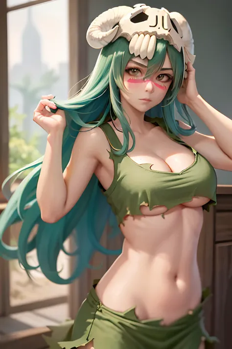 (masutepiece, Best Quality: 1.2), Cowboy Shot, Solo, 1girl in, odelschwanck, deadpan, Mouth Shut, Looking at the viewer, hand in own hair, Green hair, skull, Torn clothes, huge-breasted, cleavage, Skirt, Belly out