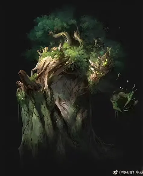 Close-up of a tree，Moss on the face, treant, ent treant dryad, but, tree druid, Entes, spirit of the forest, environment artist, treebeard, forest soul, God of the forest, Fantasy Tree, age-old tree, concept art of a dark forest, Evil Tree Wizard, yggdrasi...