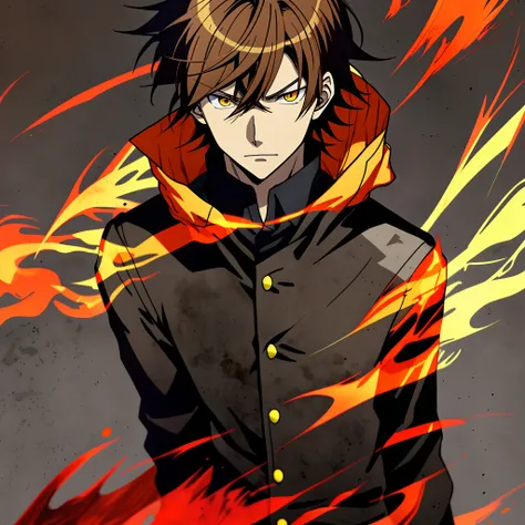 Anime characters with brown hair in black shirt，Red jacket and yellow flame,  Key anime art, shigenori soejima illustration, hajime yatate, male anime character