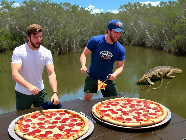 Mister beast fighting an alligator over a pizza in the Everglades