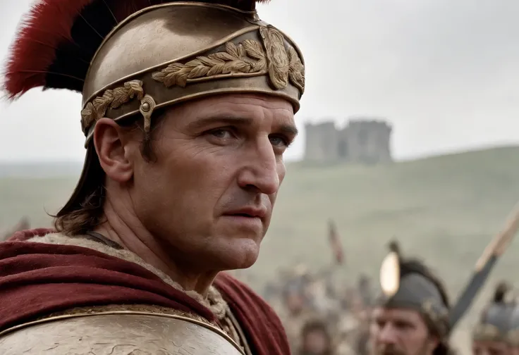 "Na imagem, we see Julius Caesar, An iconic Roman general, strategically mapping out your plans on an ancient map of Gaul. His determined gaze reflects the intensity of the bloody campaign that was about to begin. Surrounding it are depicted the Celtic tri...