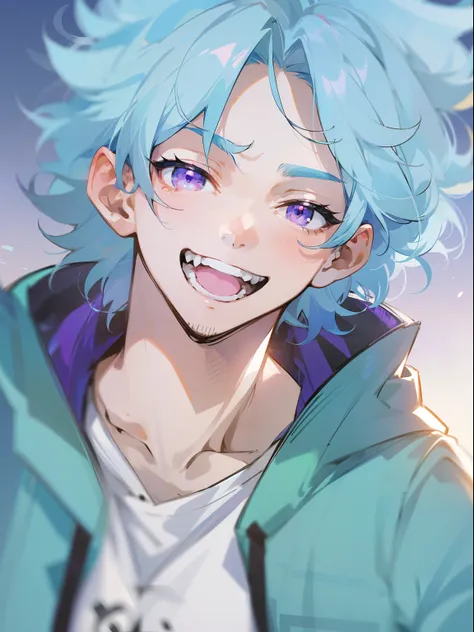 Ultra Detail, 1man, fluffy shot hair, (Sky blue hair,Outer hair:1.3), Handsome man, white graphic tshirt, Dynamic Angle, Japanese Anime, purple eyes, Laughing, city, man in his 20s, rebellious