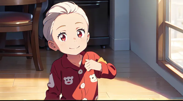 masterpiece, best quality, (1little boy), (baby son), (solo), (white hair), (short hair parted bangs forehead show), red eyes, (Onesie), (red bears onesie), happy, smiling, hands up, indoors, looks up, SHINKAI MAKOTO