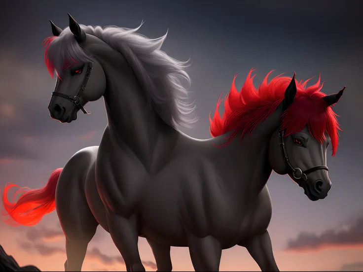 tall, 4-legged, demon pony ,red luminescent hair and gray fur, with red eyes, black outer eye, smiling, my little pony style