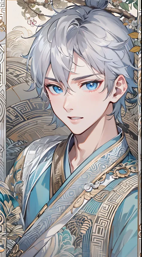 tmasterpiece，Need，超高分辨率，shoun，Chinese ancient style，(Short silver-gray hair)，blue color eyes，Libido boy,adolable