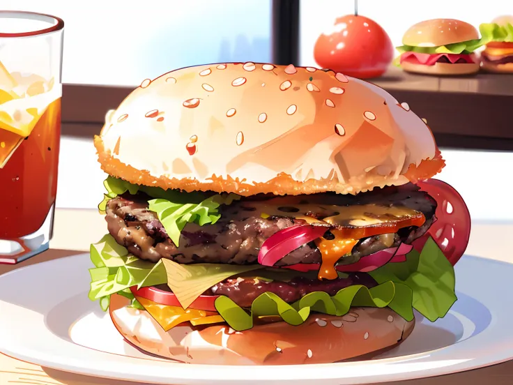 Theres a burger on a plate with a glass of soda, imagem de comida super realista, big juicy burger, amazing food illustration, burger, burger, hamburgers, photorealistic illustration, Estilo de arte realista, eating burgers, cheeseburguer, burger on a plat...