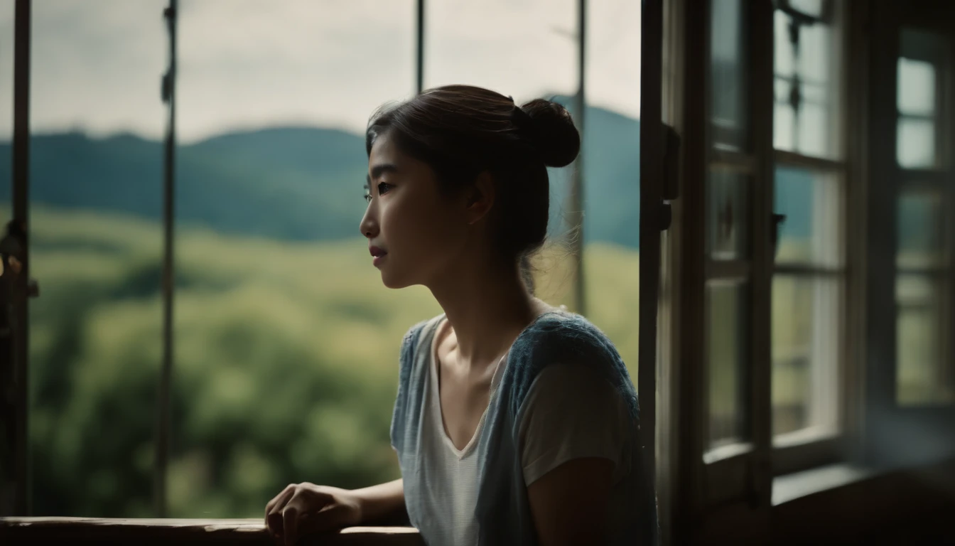 a picture、(Photorealsitic:1.4)、(hyper realisitic:1.4)、(Cinematic:1.5)、Teenage woman、japanes、（beautiful and delicate face）、High School Classroom、Window seat、(Looking out the window)、Looking at the sky、Dark blue tones、Solitude、Aluminum sash、(dont look at the...