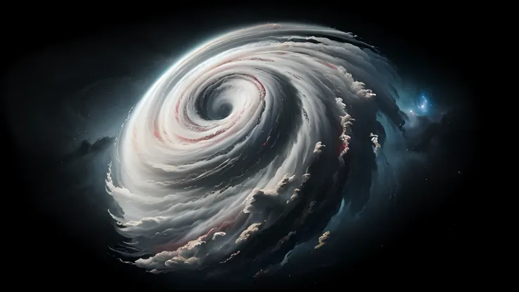 Add ruby red and red spiral arms from cloud bands to the cyclone, These extend outwards from the center along the existing spiral and are visible in the cyclone,