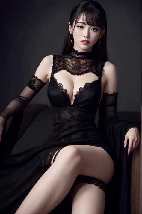 8K，high qulity，realisticlying，fully body photo,Super detailed face,Black full-length dress,blackstockings,seductiv,Lace,Titillating