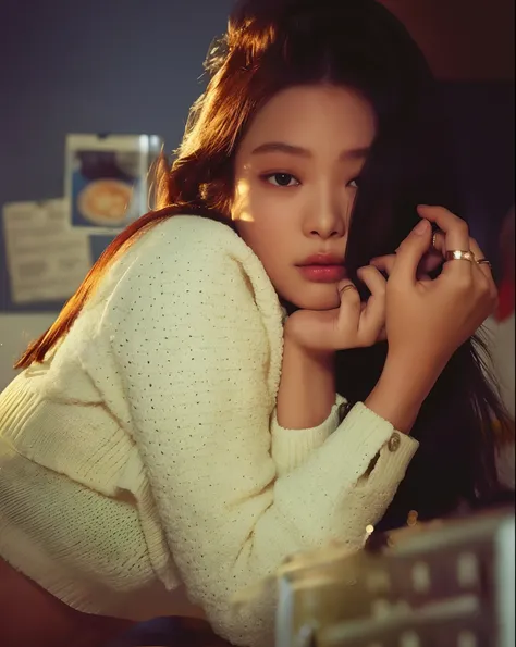 Asian woman araffed with long dark hair and a white sweater, Jennie Blackpink, Lulu Chen, Jinyoung Canela, jia, Photo Session, Gongbi, jossi do blackpink, Sha Xi, Ruan Jia Lindo!, Shen Mingchen, Photoshoot para a revista Vogue, Jaeyeon Nam, TaeJune Kim, Re...