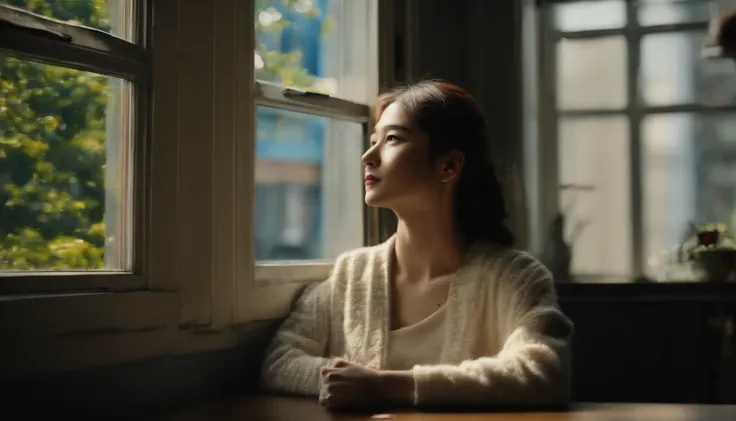 a picture、(Photorealsitic:1.4)、(hyper realisitic:1.4)、(Cinematic:1.5)、Teenage woman、japanes、（beautiful and delicate face）、High School Classroom、Window seat、(Looking out the window)、Looking at the sky、Dark blue tones、Solitude、Aluminum sash、(dont look at the...