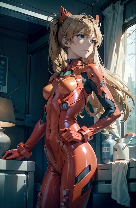 Evangelion New Theatrical Version Synchroplug Suit Rubber Red、Beautiful Nordic beautiful girl in shiny Evangelion shiny red plug suit、02、Hand to toe red plug suit、Dimmed research facility、Beautiful 16 year old beautiful girl、Red enamel rubber gloves、Twin-t...