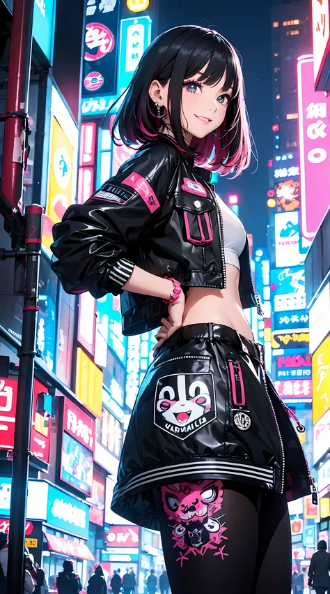 An anime illustration (2girls, confident cyberpunk girls with smiling expression), ((Harajuku-inspired pop outfit and tech jacket)), bold colors and patterns, eye-catching accessories, trendy and innovative hairstyle, vibrant makeup, ((dynamic pose)), futu...