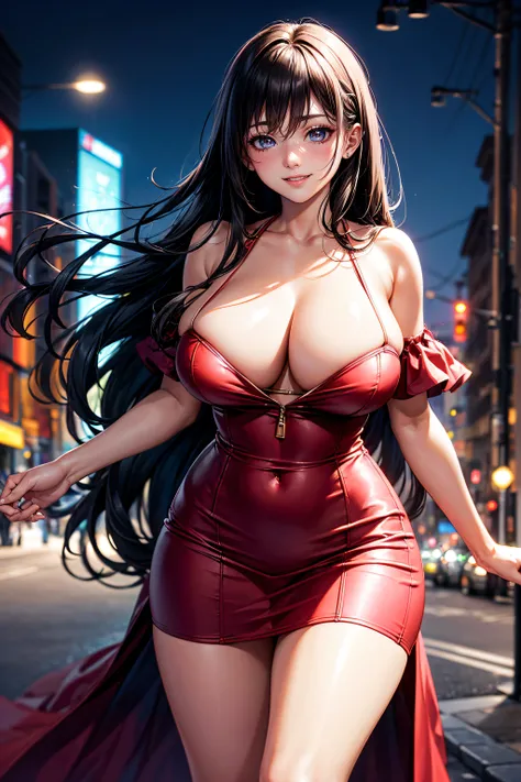 ((Cute and beautiful woman changing clothes)), ((22-year-old beauty)), ((embarrassed smile)), ((luscious long hair)), ((voluptuous bust)), ((outstanding style)), ((miniskirt)), ((gradient eyes)), ((background is a city night view)), attractive makeup, sing...