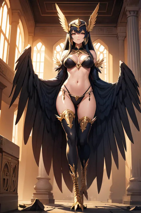 4K,hight resolution,One Woman,harpy,toenails,large wings,Anubis costume,Fabric covering the chest,Clothing in the time of the pharaohs