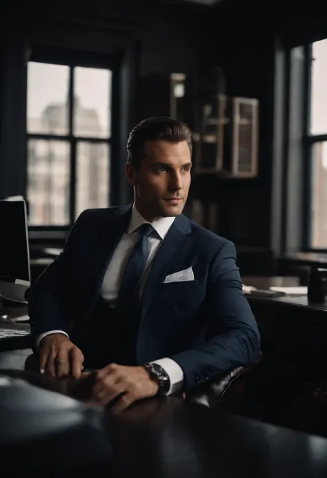 Portrait of a businessman in New York sitting behind his desk with a suit This man must be handsome and elegant The image must be in 8k and behind him one must see New York