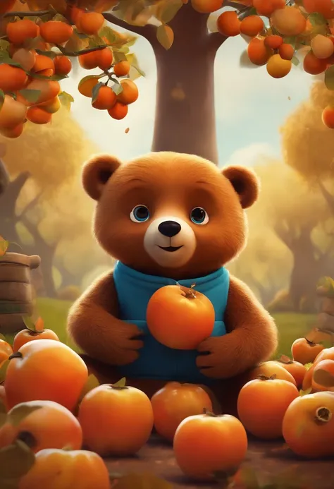 8K，tmasterpiece，high qulity，Cartoon bear，illustration，Q version，Under the tree，Sit and eat persimmons