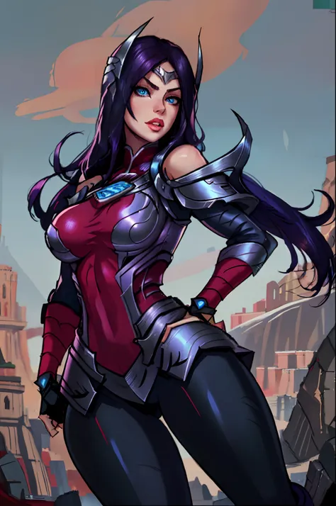 1girl, long hair, ((blue eyes)), solo, black hair, irelia, looking at viewer, purple hair, armor, lips, shoulder armor, foreshor...