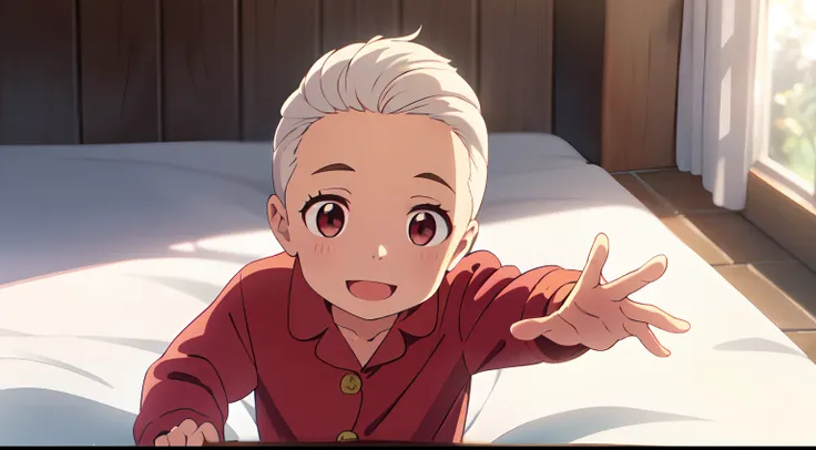 masterpiece, best quality, (1little boy), (baby son), (solo), (white hair), (short hair parted fringe forehead), red eyes, (Onesie), (red bears onesie), happy, smiling, hands up, indoors, looks up, SHINKAI MAKOTO