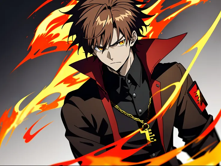 Anime characters with brown hair in black shirt，Red jacket and yellow flame,  Key anime art, hajime yatate, male anime character