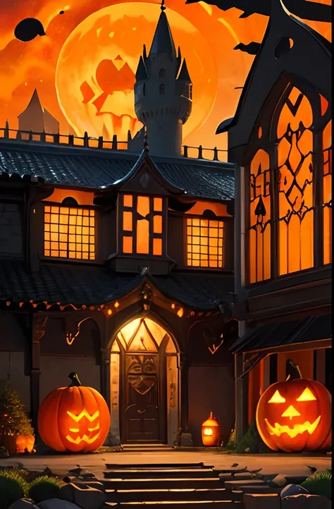 Old stone castle，There are several huge jack-o-lanterns in front of the door，Their faces are carved with various crazy expressions。The windows and towers of the castle are dotted with orange and black decorations。There can be a bunch of colorful sweets and...