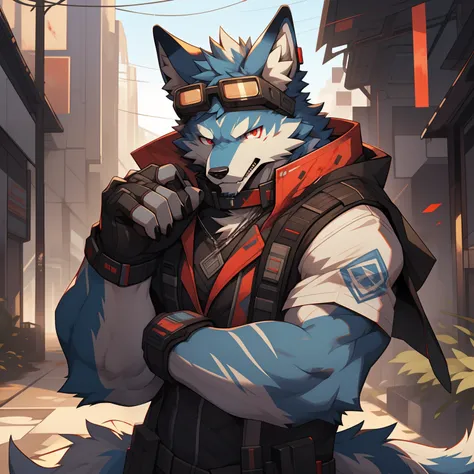 solo person，Furry，werecreature，Male white wolf，Blue fur，Blue tail，White ears，Blood-red eyes，Red collar，musculature，male people，Handsome，（The furry feeling of animal ears），Bring a gun，commando，rifles，cyber punk perssonage，Tech goggles，