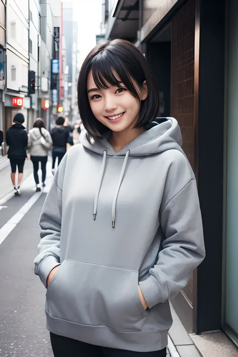 Japan woman in grey hoodie、cute smile face、24 year old、street corner、shoulder-length black hair、Big hoodie