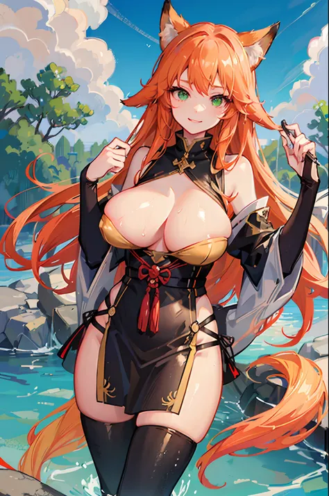 (Masterpiece, best quality, beautiful eyes, highly detailed, high res), 1girl, fox girl, fox ears, fox tail, orange hair, green eyes, miko, Japanese priestess, goddess, Miko clothing, mature woman, big breasts, massive breasts, massive cleavage, sexy, shin...