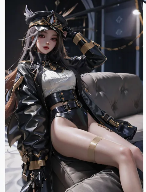 Ultra HD, 8K quality, A girl, Very long hair， Detailed eyes, Frontal capture, Unreal Engine 5,Wearing a military cap，Military uniform temptation，Dark tones，Orange accent，Reclining on the sofa，legs bare，