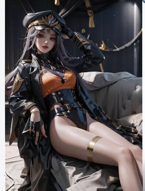 Ultra HD, 8K quality, A girl, Very long hair， Detailed eyes, Frontal capture, Unreal Engine 5,Wearing a military cap，Military uniform temptation，Dark tones，Orange accent，Reclining on the sofa，legs bare，