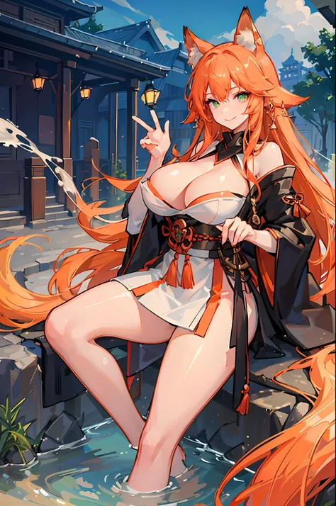 (Masterpiece, best quality, beautiful eyes, highly detailed, high res), 1girl, fox girl, fox ears, fox tail, orange hair, green eyes, miko, Japanese priestess, goddess, Miko clothing, mature woman, big breasts, massive breasts, massive cleavage, sexy, shin...