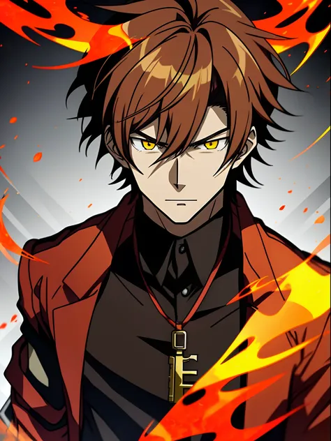 Anime characters with brown hair in black shirt，Red jacket and yellow flame,  Key anime art, hajime yatate, male anime character