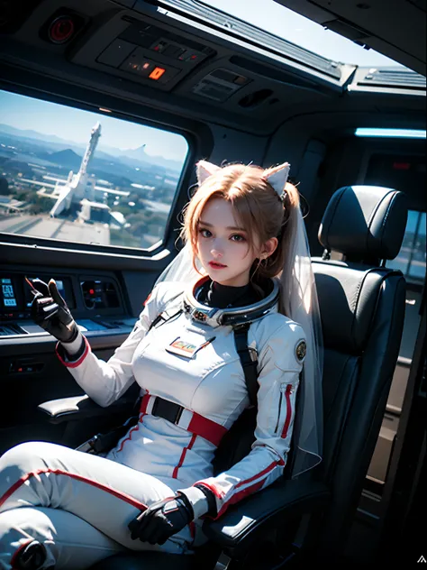 Unbeatable masterpiece, Ultra photo realsisim, Perfect Artwork, Intricate details, Best Quality, strong lights , High contrast, Dynamic Pose, Dutch Angle , Solo , Large breasts , 1girll , 12ear old, (space suits:1.1) ,Staravia , Floating hair , Science fic...