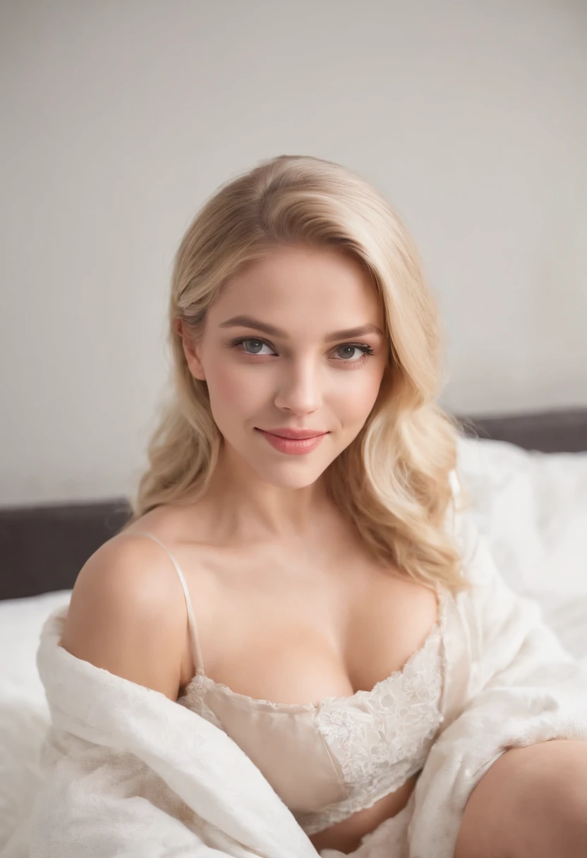 Masterpice Photorealistic Huge Tits Blond Woman, Full body Perfect Body, Perfect Face, Smiling, HD, Dressed up, Selfie,  realistic eyes, in bed, sleepy, selfie, selfie,