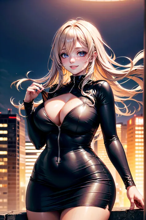 ((Cute and beautiful woman changing clothes)), ((22-year-old beauty)), ((embarrassed smile)), ((luscious long hair)), ((voluptuous bust)), ((outstanding style)), ((miniskirt)), ((gradient eyes)), ((background is a city night view)), attractive makeup, sing...