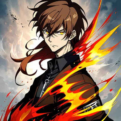 Anime characters with brown hair in black shirt，Red jacket and yellow flame,  Key anime art, hajime yatate, male anime character