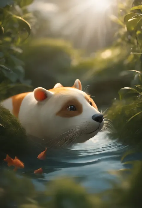 movie picture quality，style of disney animation，Disney animated films，A fat uncle swims in the sea with a koi in his arms，short detailed hair，Denim suspenders，The barefoot，depth of fields，high light，Real light，Ray traching，oc rendered，Hyper-realistic，best ...